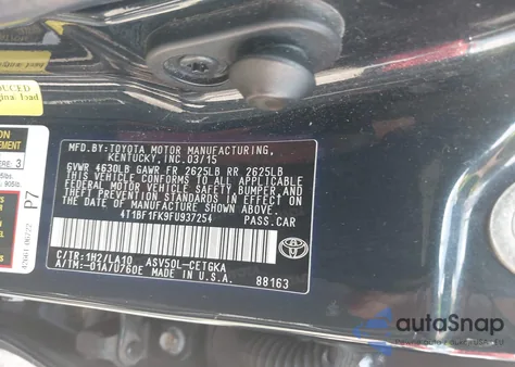 2015 Toyota Camry Xle z USA, uszkodzony, nr VIN 4T1BF1FK9FU937254